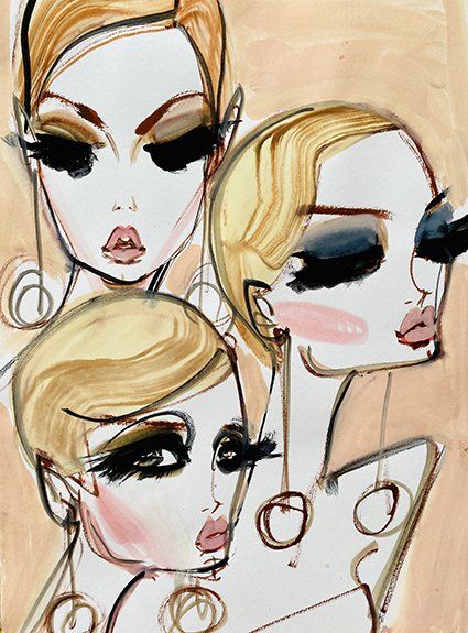 Stylized illustration of three women with blonde hair, dramatic eye makeup, and hoop earrings, on a peach background.
