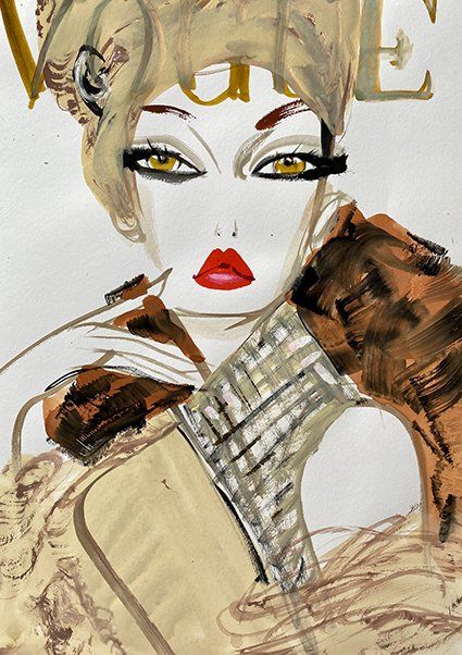 Illustration of a woman with red lips, dramatic eye makeup, and a decorative headpiece.