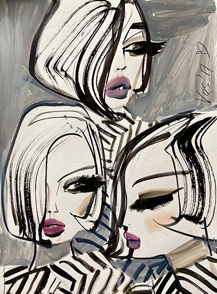 Three women in bold black and white fashion illustration, close-up, with pink lips, against a gray background.