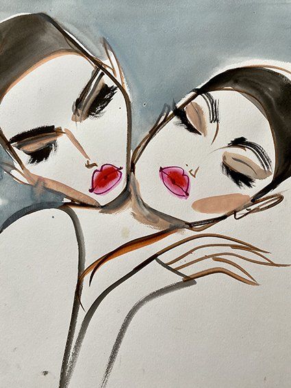 Two stylized figures with dark hair and bright red lips, embracing.