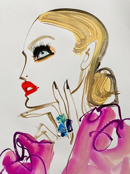 Fashion illustration of a woman in profile with red lips, dramatic eye makeup, and a ring, in shades of pink and gold.