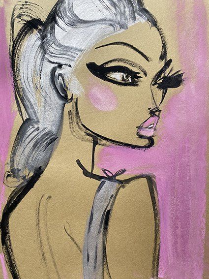 Stylized woman with silver hair in a ponytail, pink blush, and black outlined features, looking over shoulder.