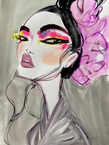 Fashion illustration: Bold makeup, pink flower hairpiece, gray background.