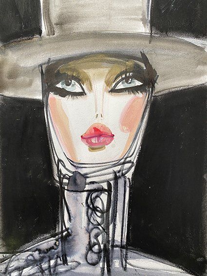 Portrait of a person with a white hat, red lips, and a dark background.