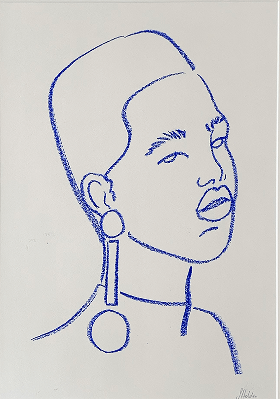 Blue line drawing of a person with large earrings, tilted head, and open mouth, on a white background.