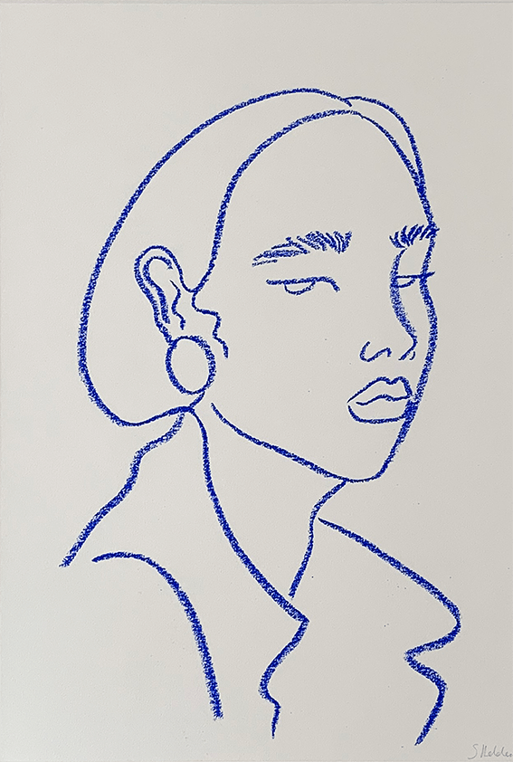 Blue line drawing of a person's face and shoulders, with closed eyes, hoop earring, and simple clothing.