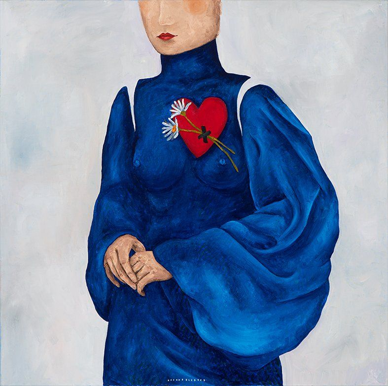 Woman in blue dress with a red heart, daisies, and white accents against a light background.