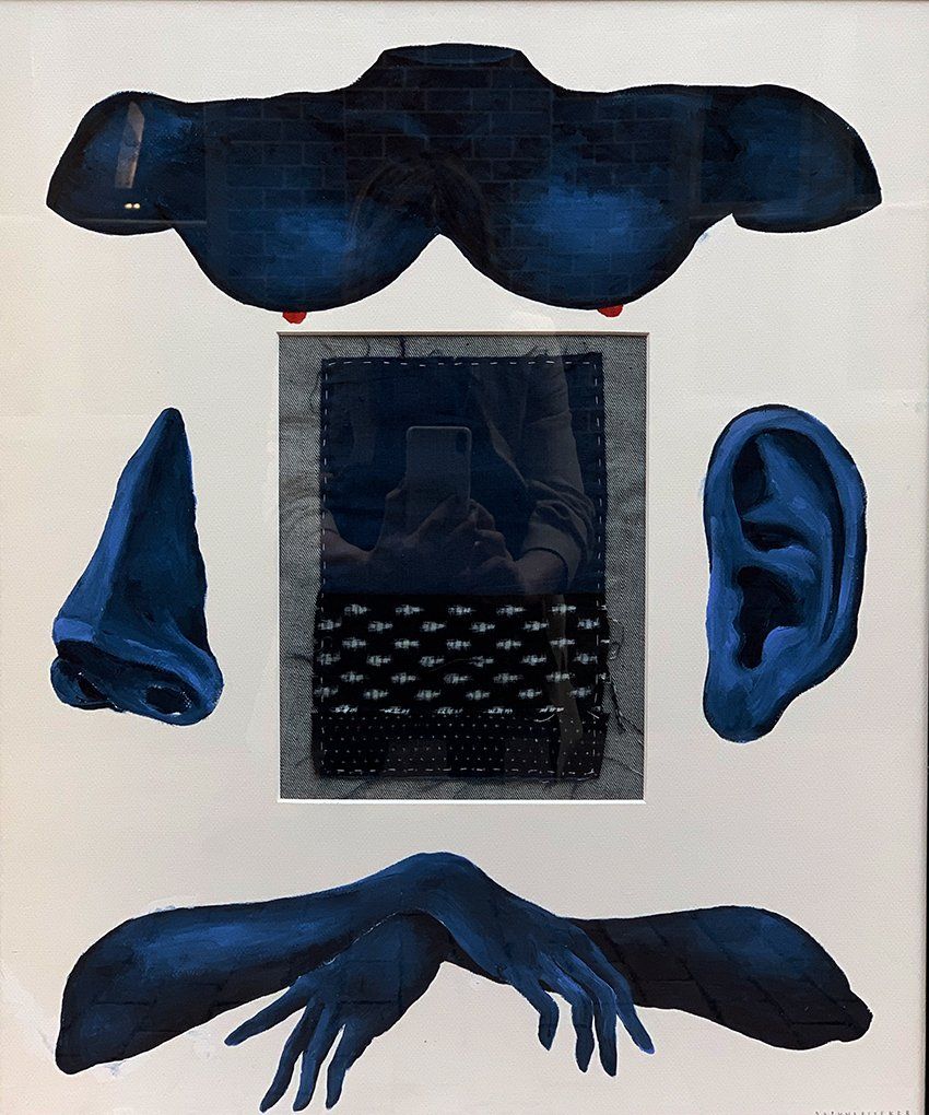 Blue body parts: breasts, nose, ear, hands, and a reflective square with a keyboard.