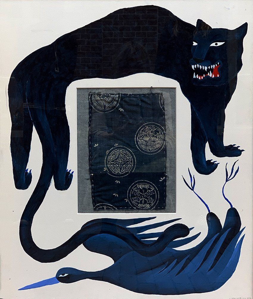 Black panther with open mouth above a dark patterned textile and a blue bird-like figure.