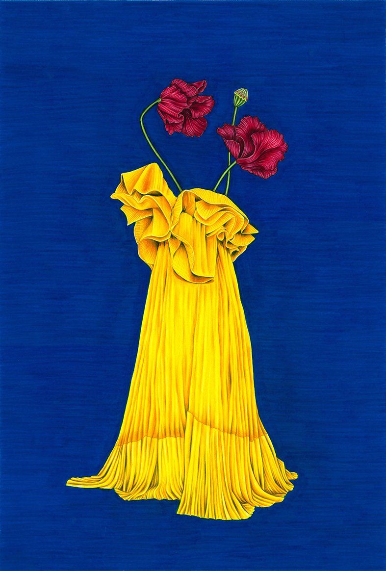 Yellow dress with red flowers on a blue background.