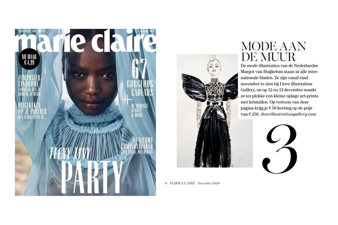 Marie Claire magazine cover with model in blue.  Right side displays a fashion photo and headline 