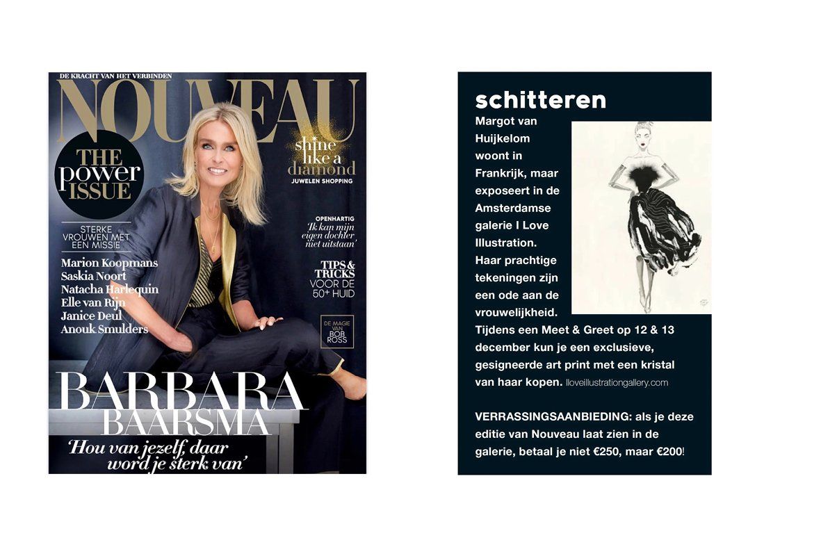Magazine cover with blonde woman, and a text block with a fashion sketch.
