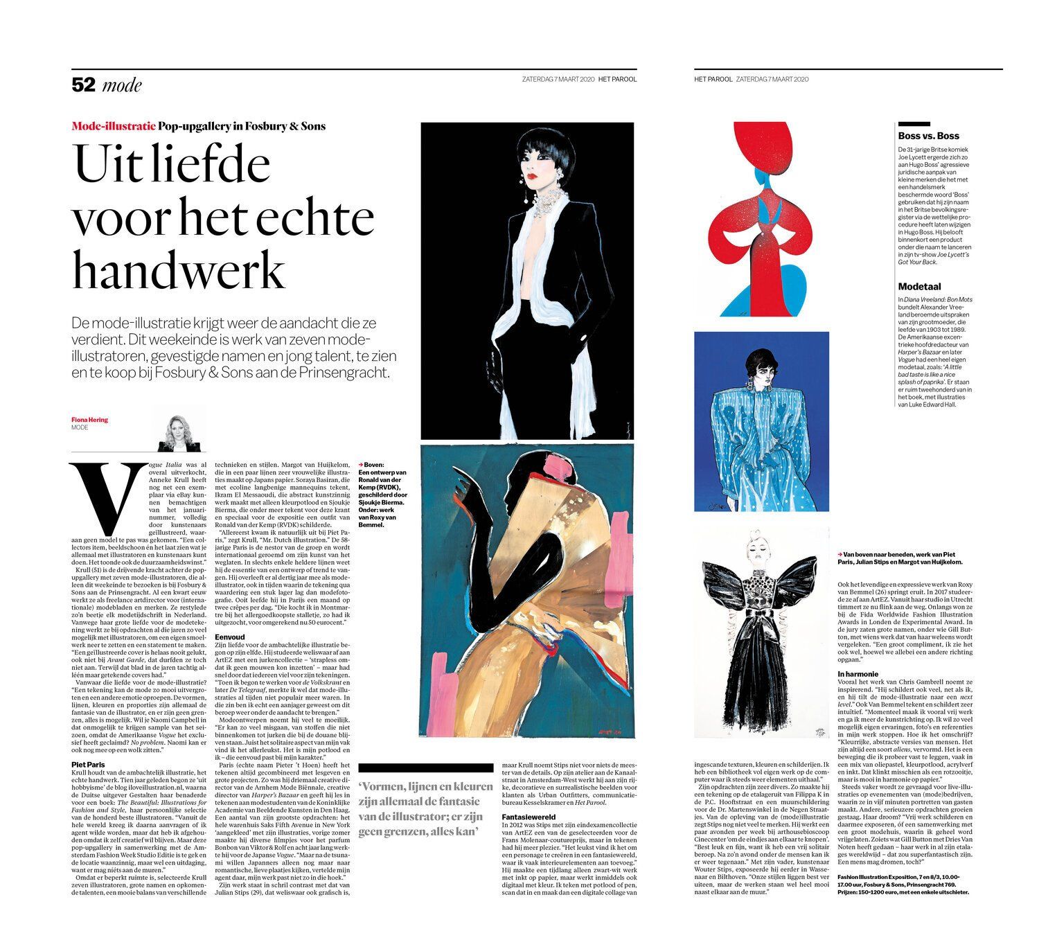 Magazine spread with Dutch text, featuring fashion illustrations and an article about craftsmanship.