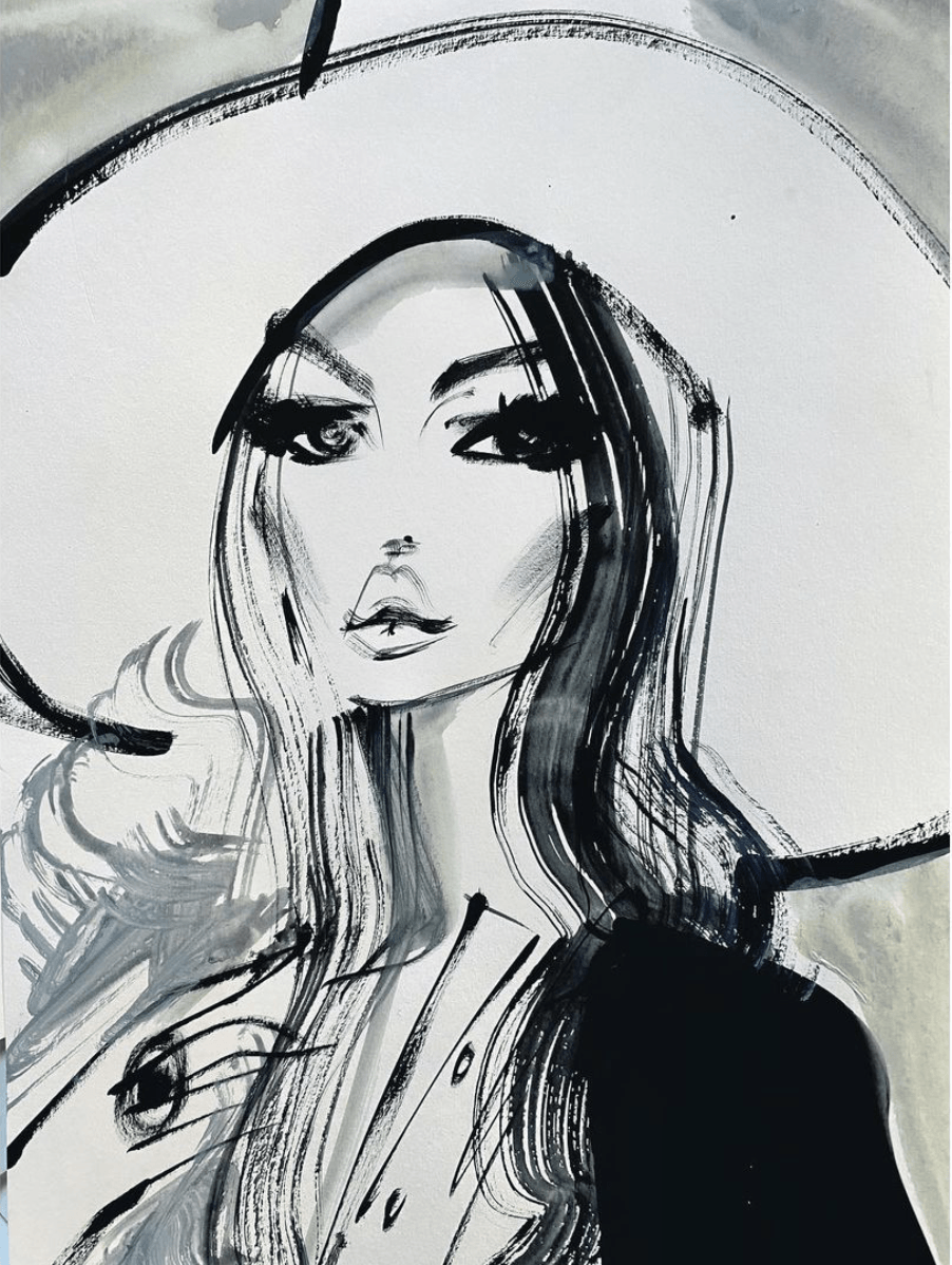 Woman in a wide-brimmed hat, drawn in ink wash style, looking up.