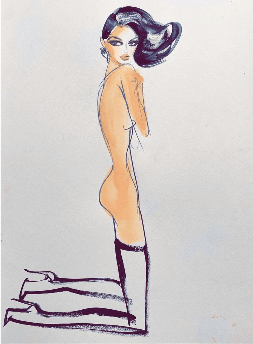 Illustration of a person kneeling in white and black knee-high boots, nude torso, and dark hair blowing.
