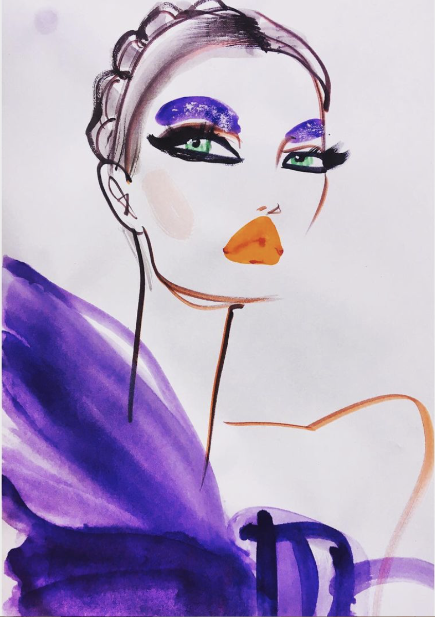Fashion illustration of woman with purple eye makeup, orange lips, and purple dress.