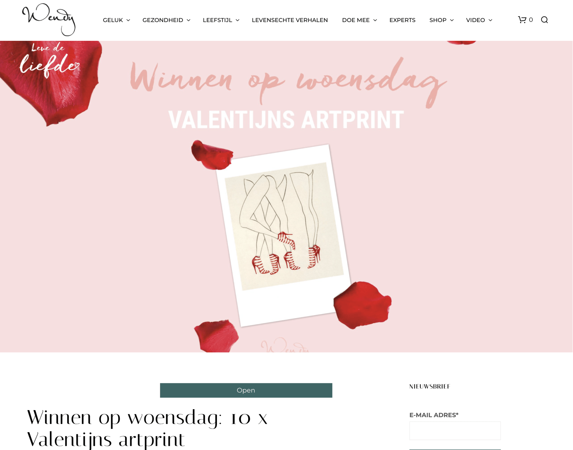 Website banner with Valentine's Day art print, surrounded by red rose petals, on a pink background.