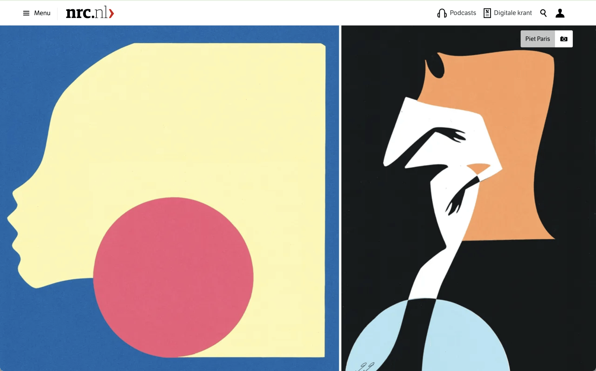 Two abstract portraits: one yellow and blue, one black and orange, with geometric shapes representing faces.