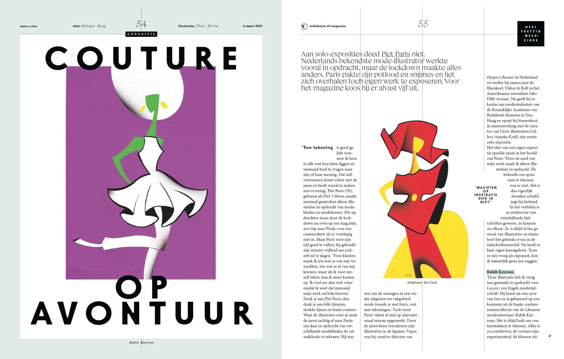Magazine spread with a stylized illustration of a dancer on a purple background and text 