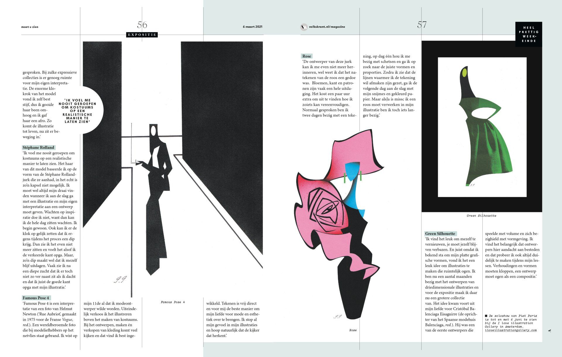 Magazine spread with black & white illustration of a person in a hallway, color abstract shapes, and fashion sketch.