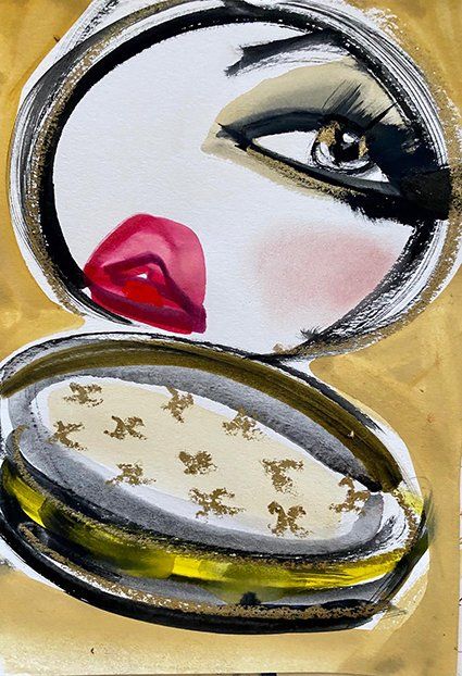 Makeup compact with face: red lips, eye shadow, blush. Gold background.