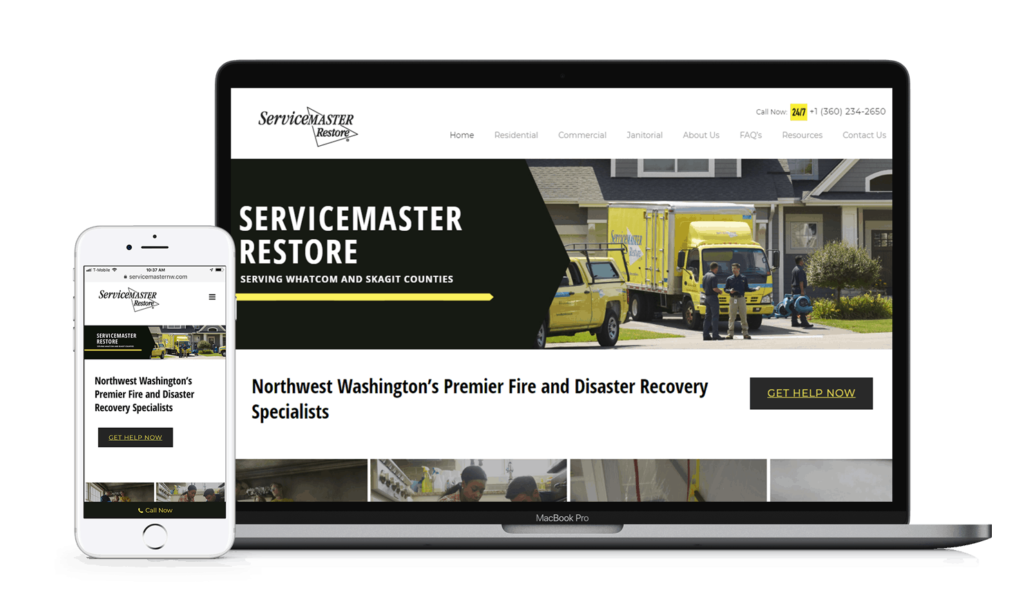 A laptop and a cell phone are displaying a servicemaster restore website.