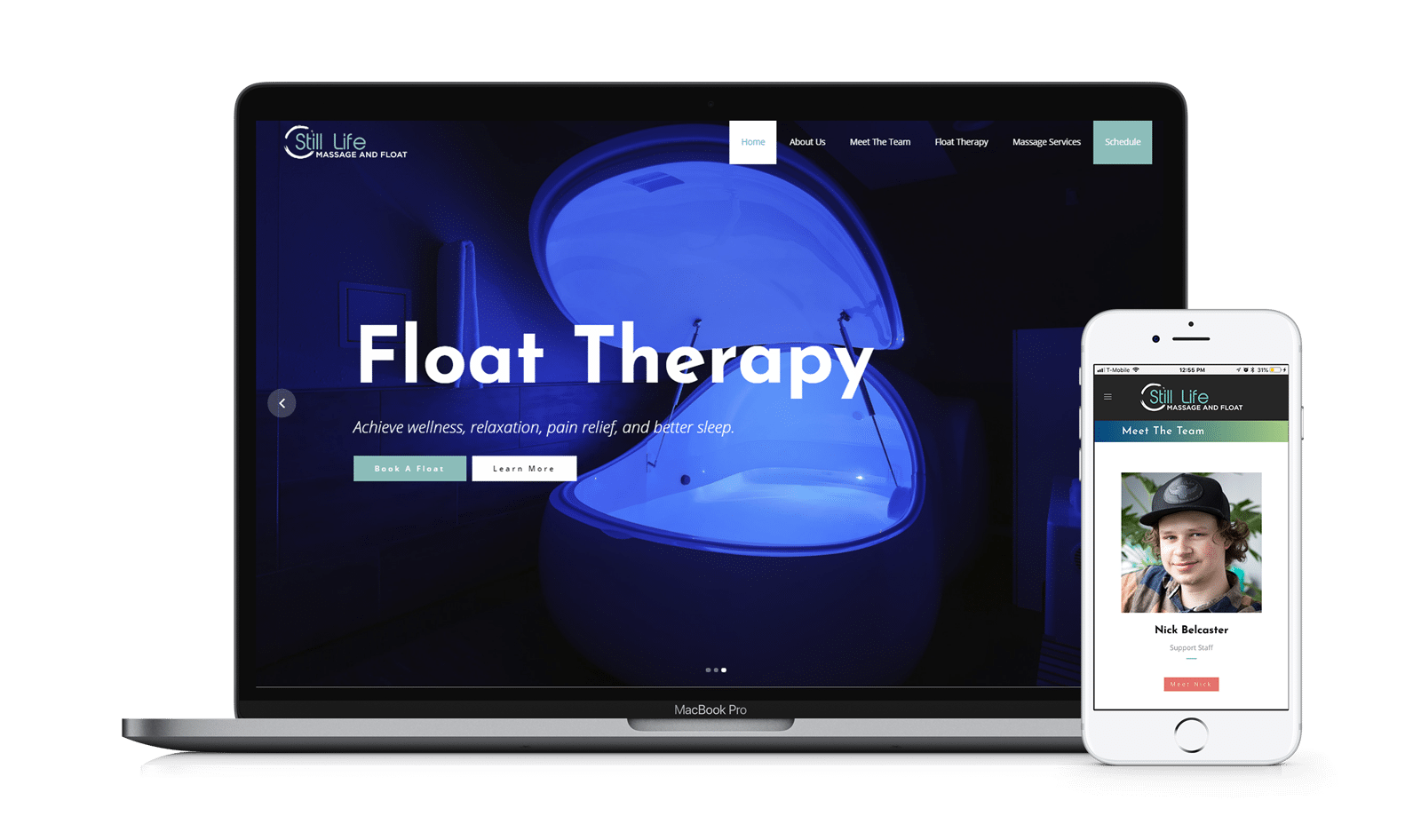 A laptop and a cell phone are displaying a website for float therapy.