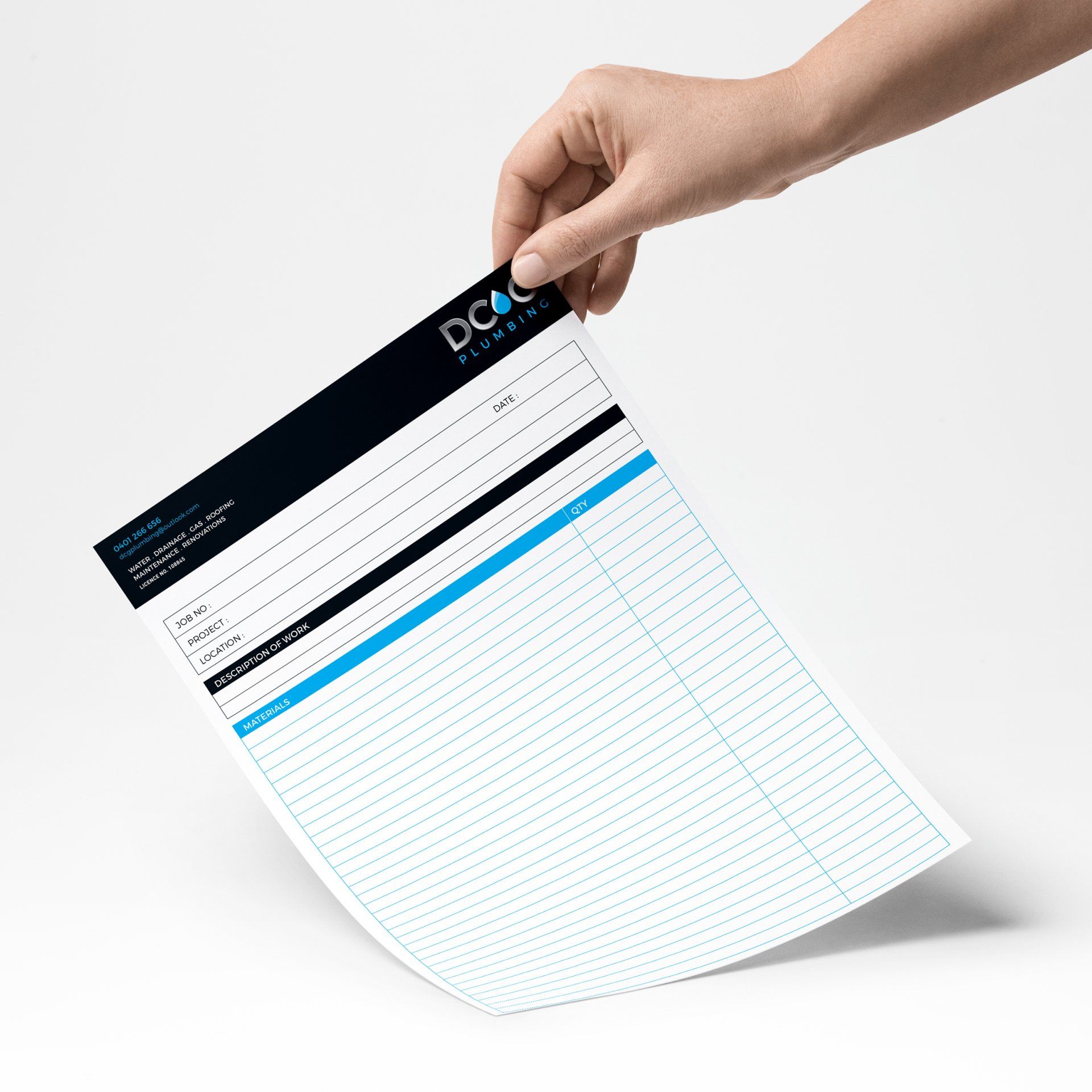 Hand holding a printed sheet of paper, with blue and black lines and a company logo.