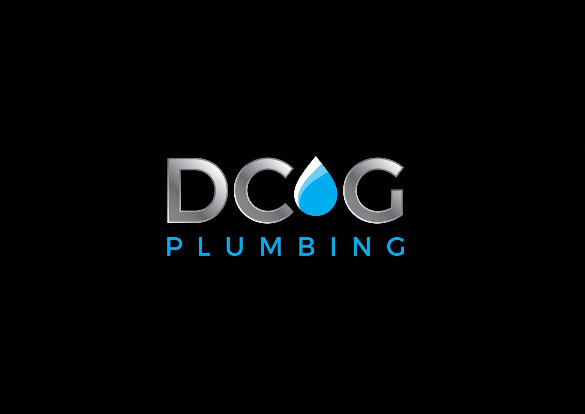 DCG Plumbing logo with silver letters and a blue water drop. Text 