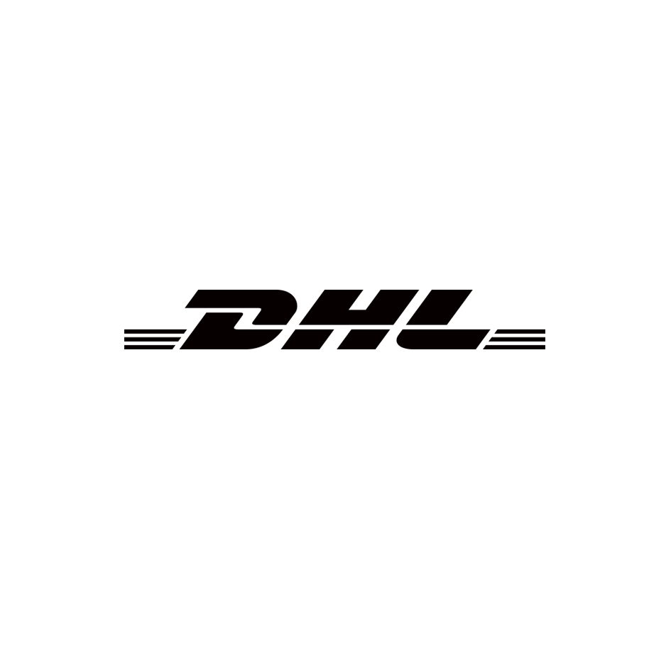 DHL logo in black with two horizontal lines on each side.
