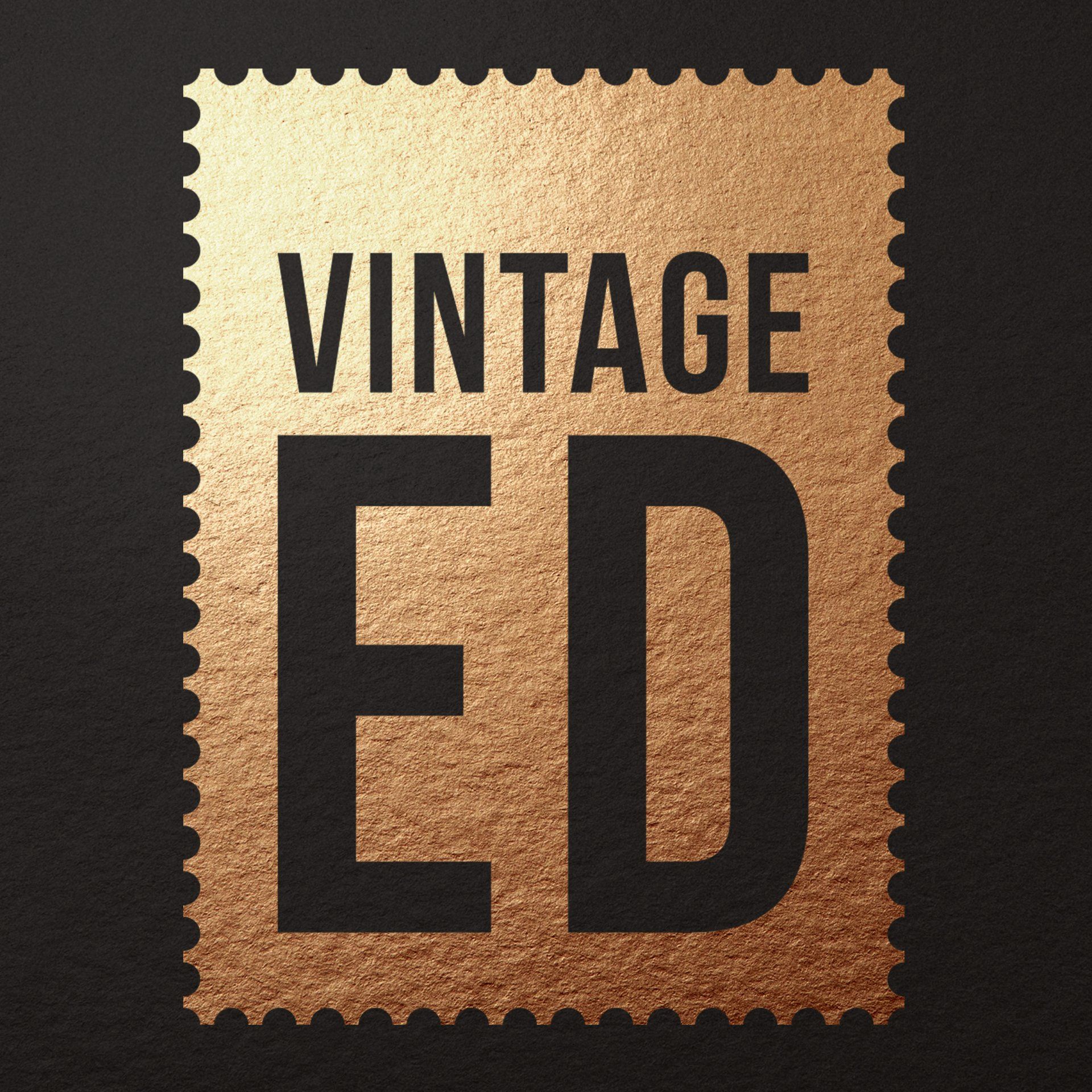 Vintage-style postage stamp graphic with bold black “ED” on a tan background and “VINTAGE” above.