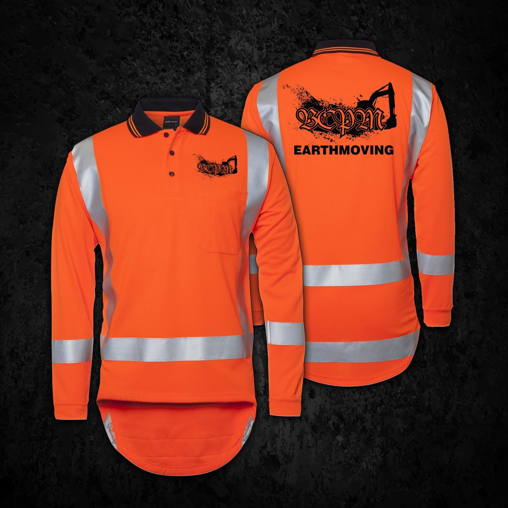 Orange long-sleeve work shirt with reflective stripes and