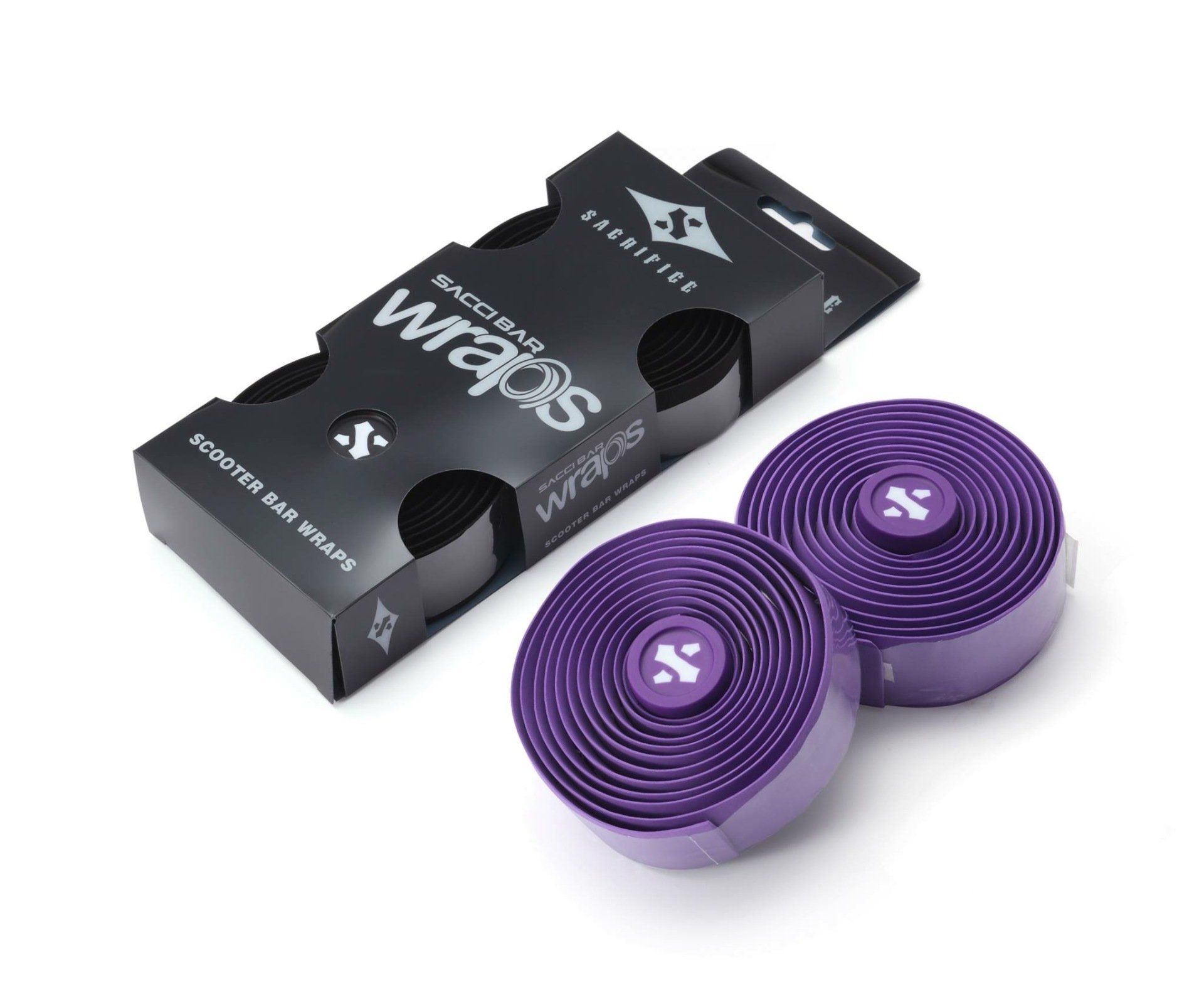 Black and purple bicycle handlebar tape rolls and box on a white background.