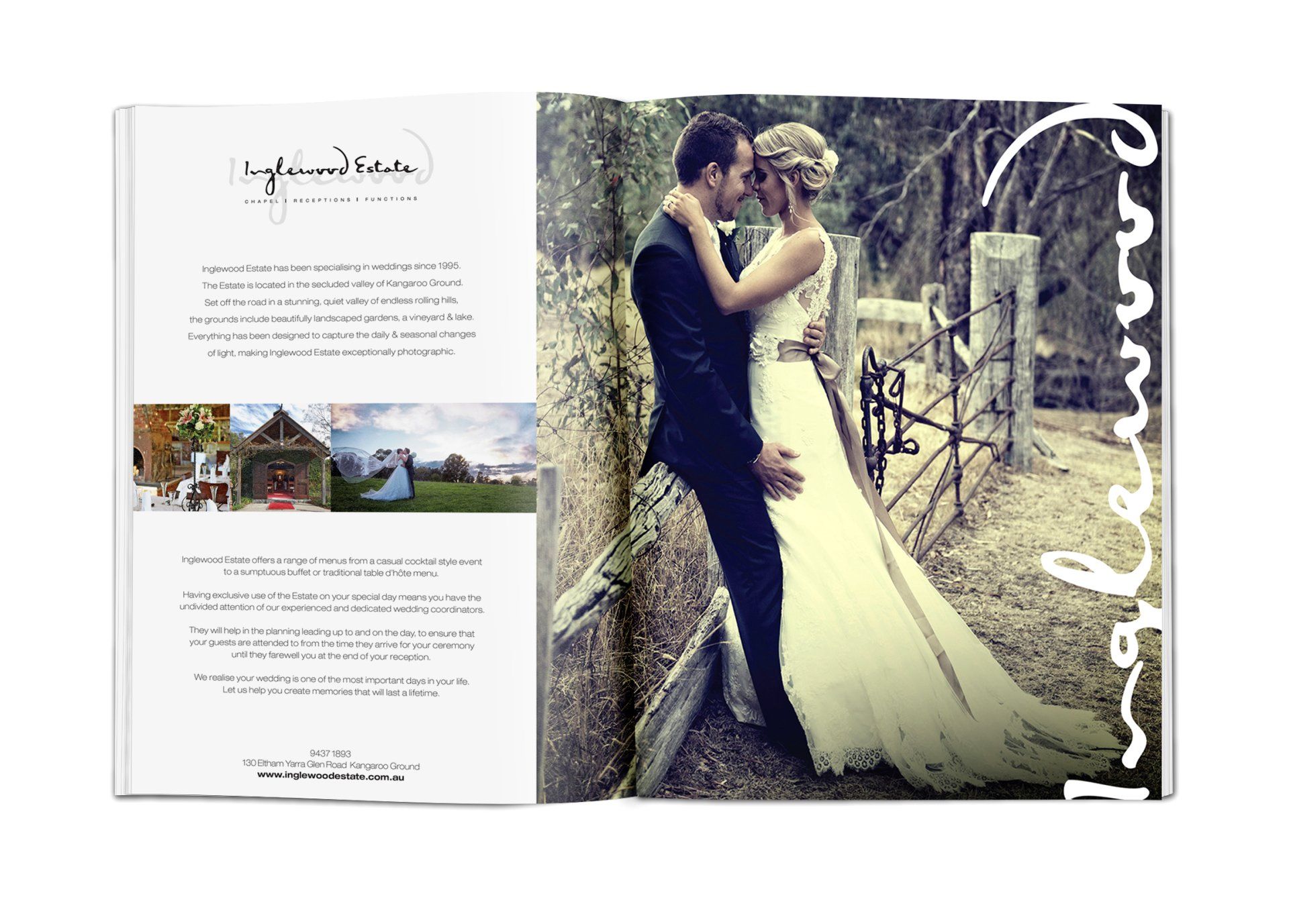 Couple embraces near a wooden fence, bride in white dress, groom in black suit, advertisement for a wedding venue.