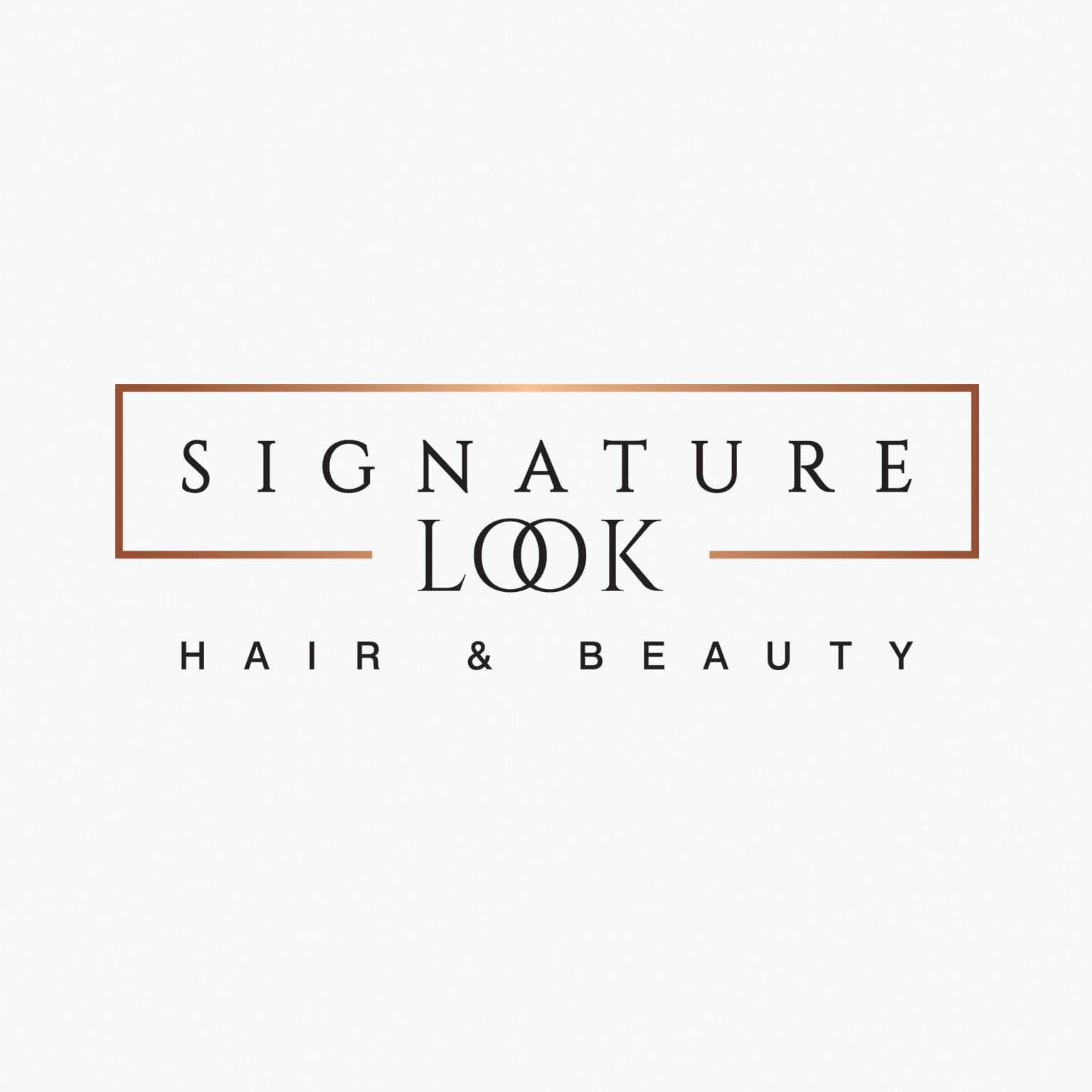 Logo reading “Signature Look Hair & Beauty” in black serif text within a copper border on a white background