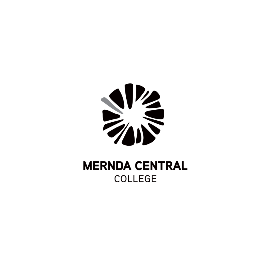 Logo for Mernda Central College: stylized black and white sunburst design with text 