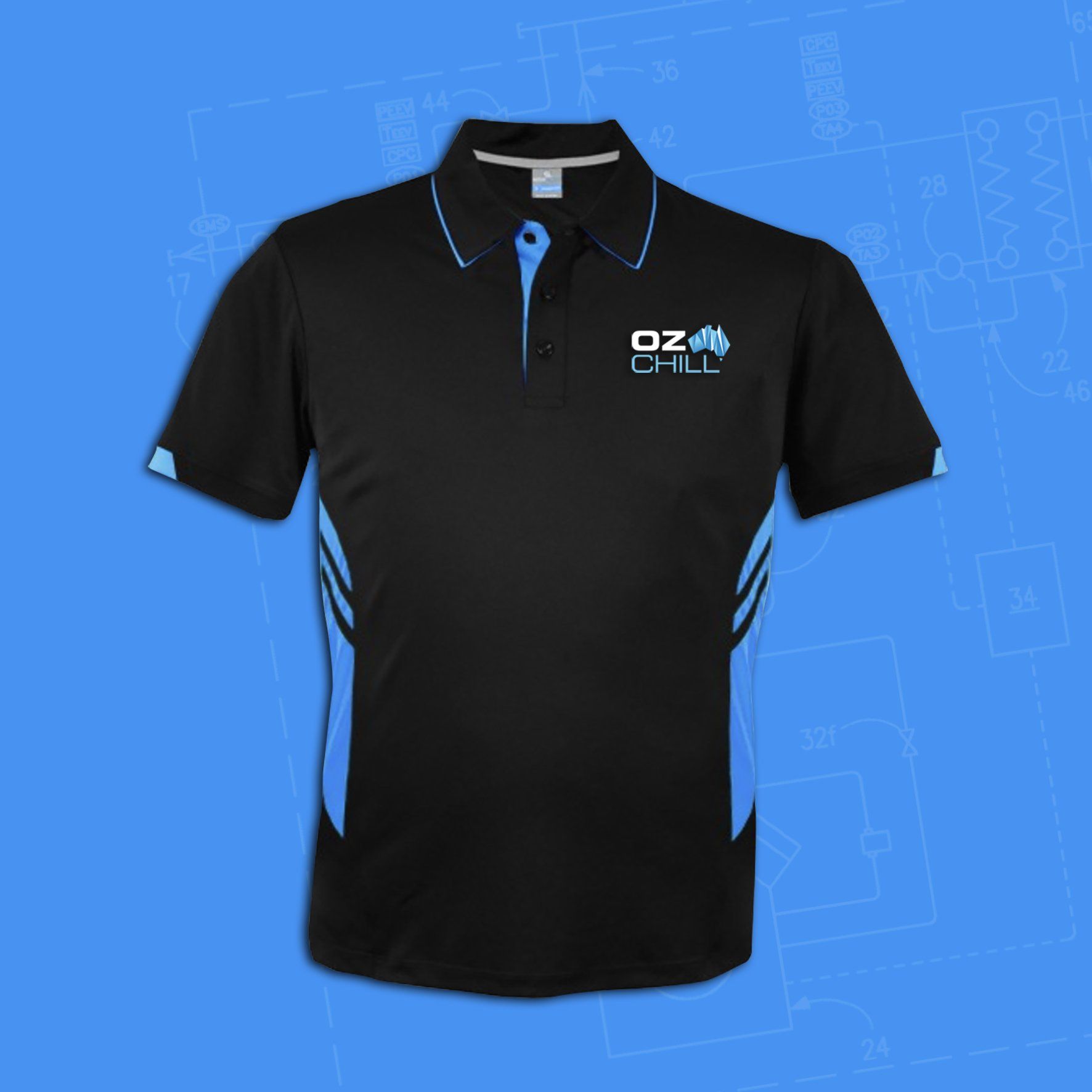 Black polo shirt with blue accents and Oz Chill logo.