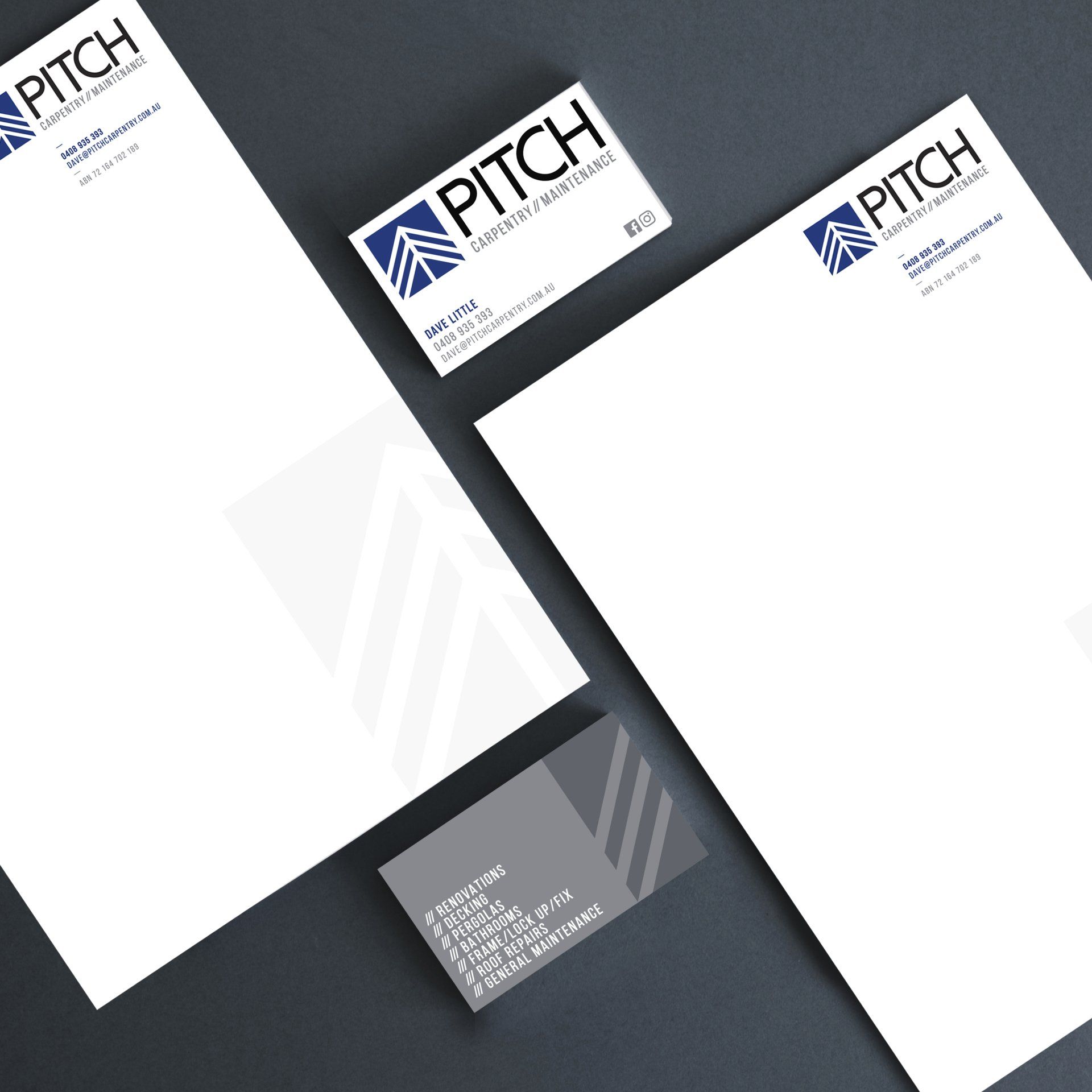 Letterhead and business cards with blue and white logo: