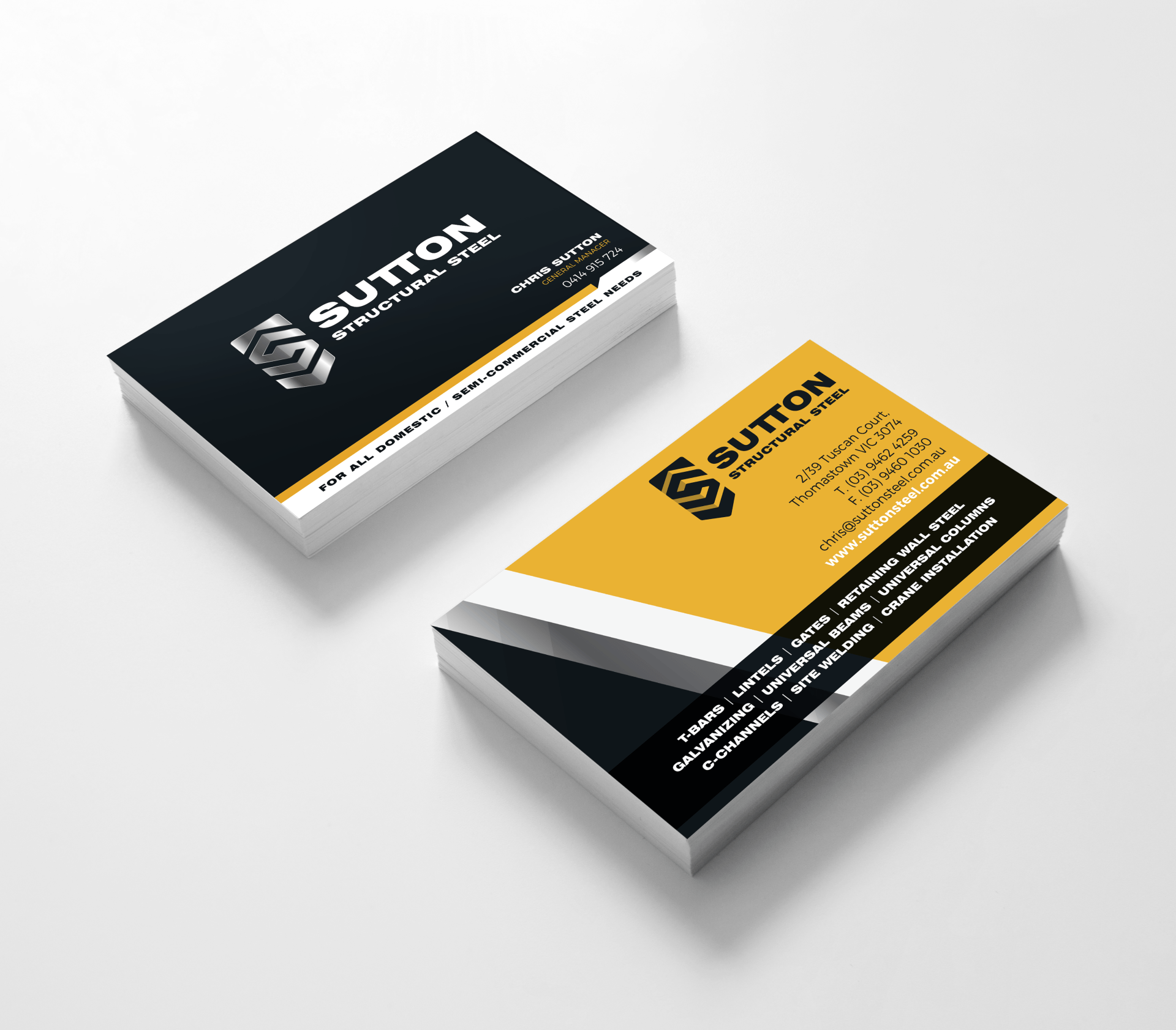 Two business cards, one black and one yellow, with the name
