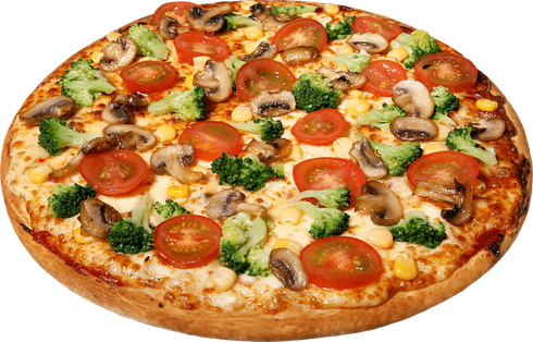 Pizza with mushrooms, broccoli, and tomatoes.