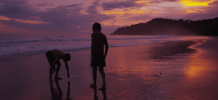 Two people are standing on a beach at sunset looking at the ocean.