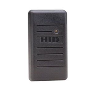 Black rectangular HID proximity card reader with horizontal lines and an LED indicator.
