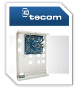 Tecom alarm panel with circuit board and white cover. Blue and white logo in the top corner.