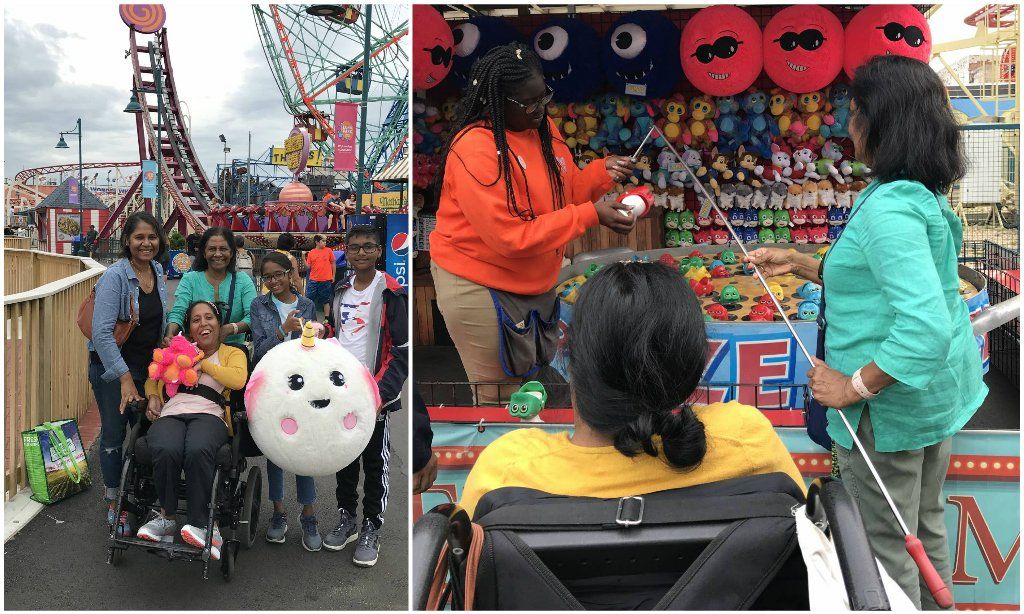 Very colorful pictures of us with all the rides in the theme park. Accessible Travel NYC Wheelchair at Coney Island Luna Park