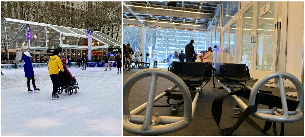 The rink is in view with the host wheeling Annie on the ice. The next image is 2 adaptive sleds for kids with disabilities.