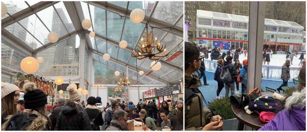 1. A cozy indoor space brightly lit and filled with people.  2. Children looking out the glass windows at the skaters.  