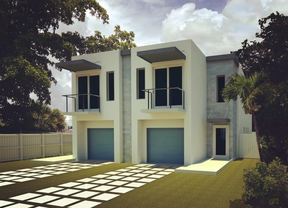 an artist 's impression of a white house with blue garage doors