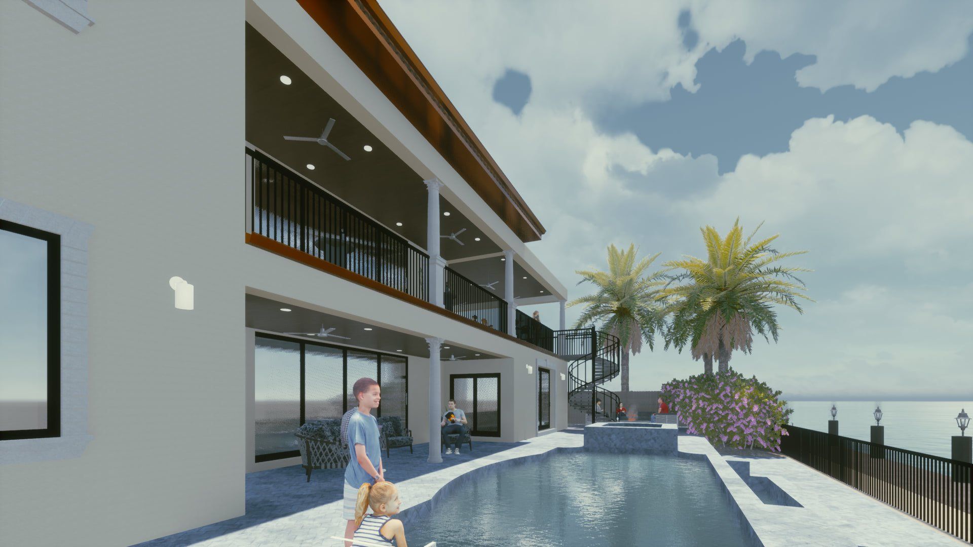 a man is walking a dog in front of a large house with a swimming pool .
