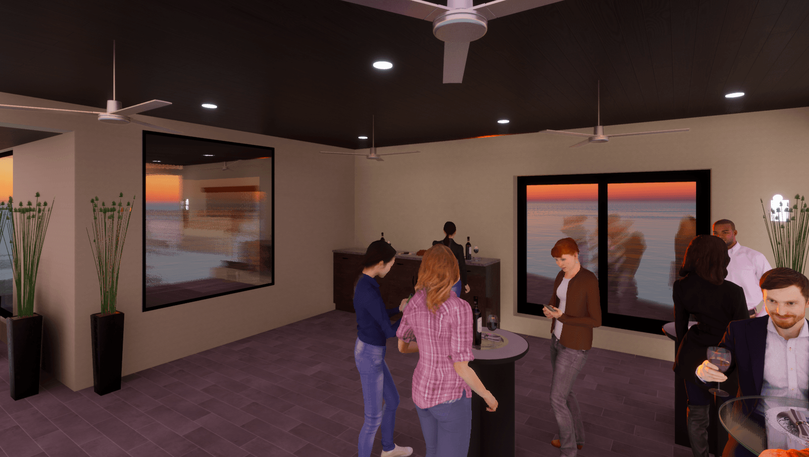 a group of people are standing around tables in a room .