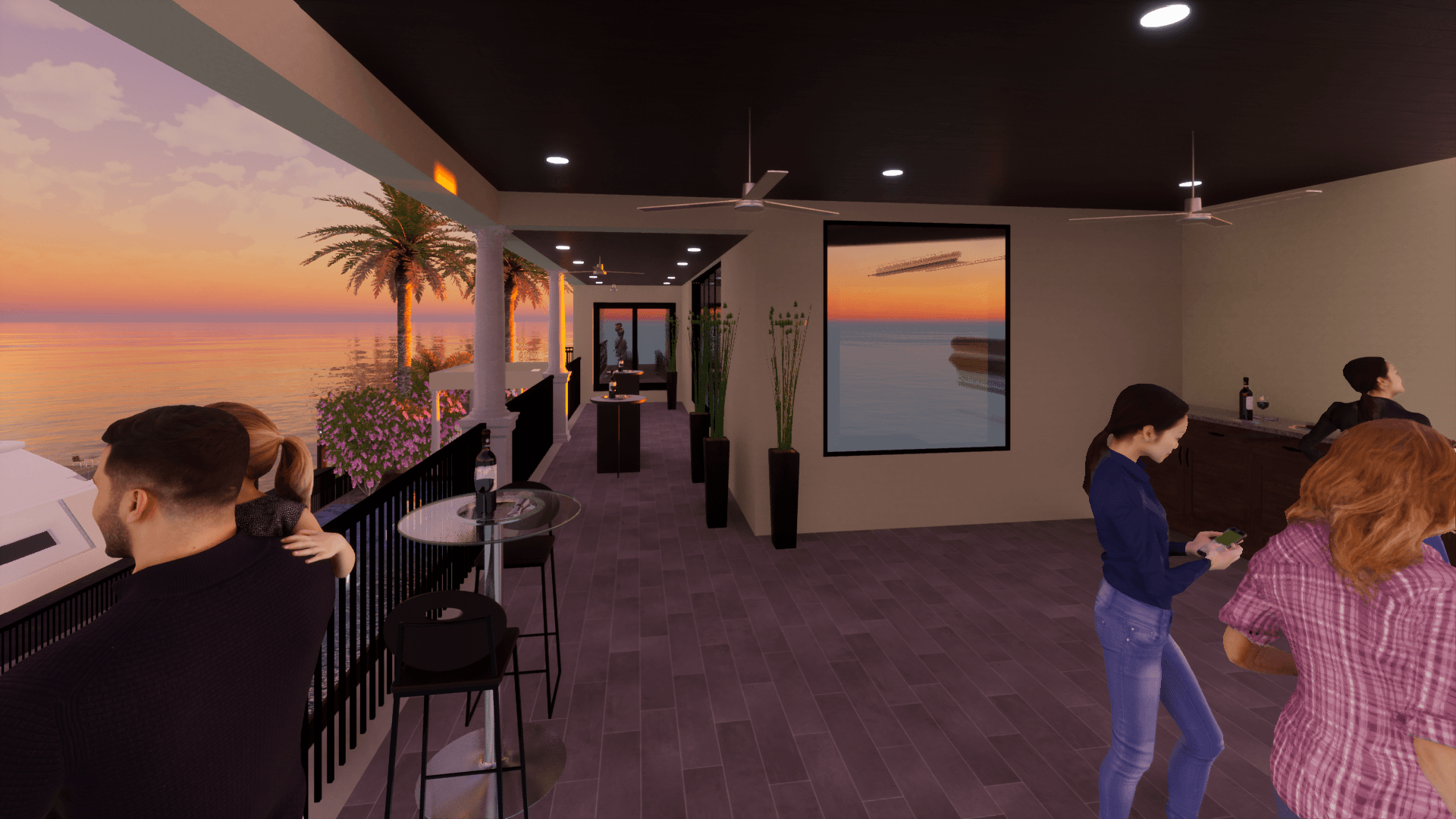 a group of people are dancing in a room with a view of the ocean .